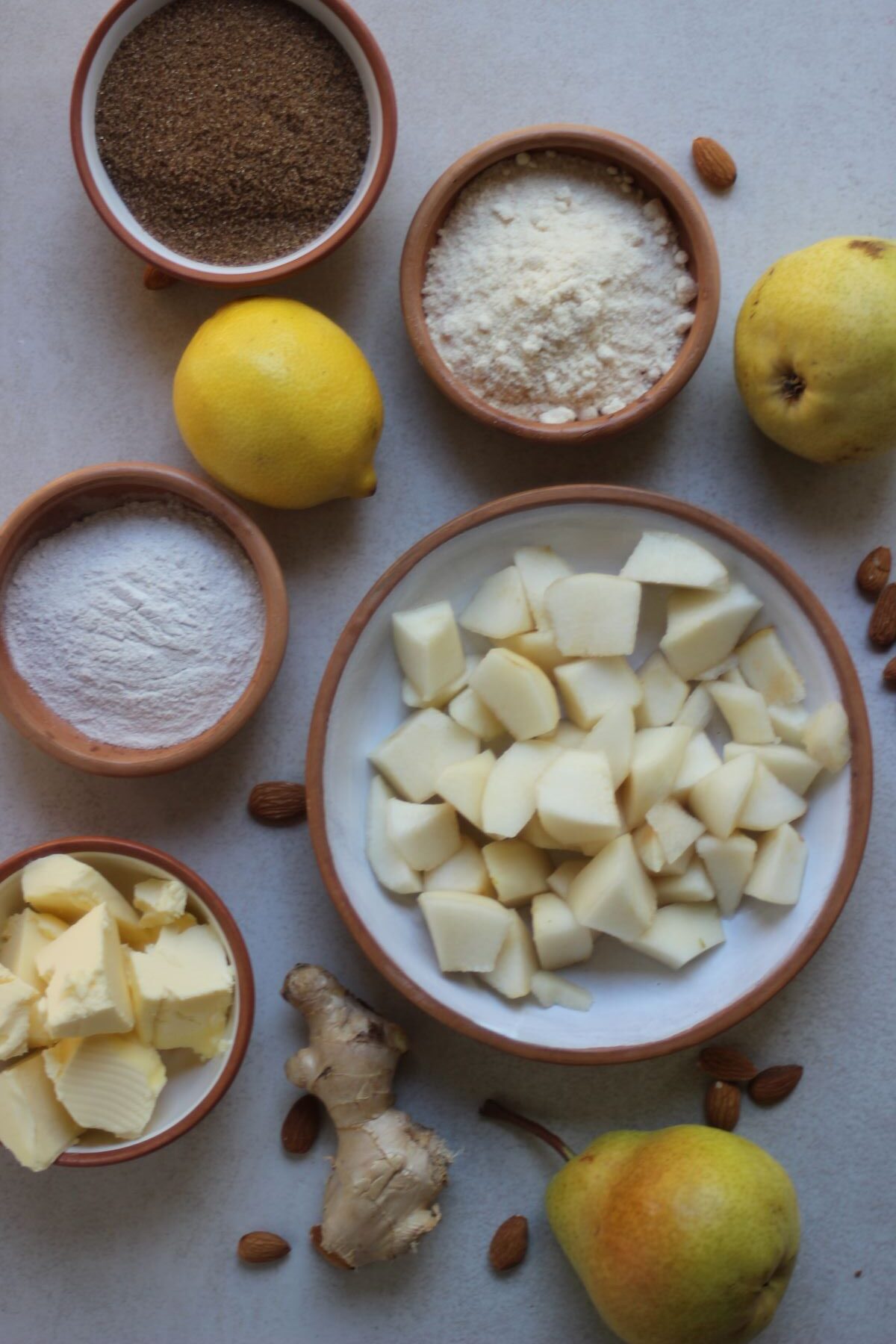 Pear and ginger crumble ingredients.